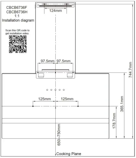 CIARRA 736F H Touch Control Angled Cooker Hood - installation drawing