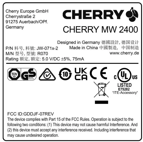 CHERRY MW 2400 Wireless Mouse User Manual - RECEIVER LABEL