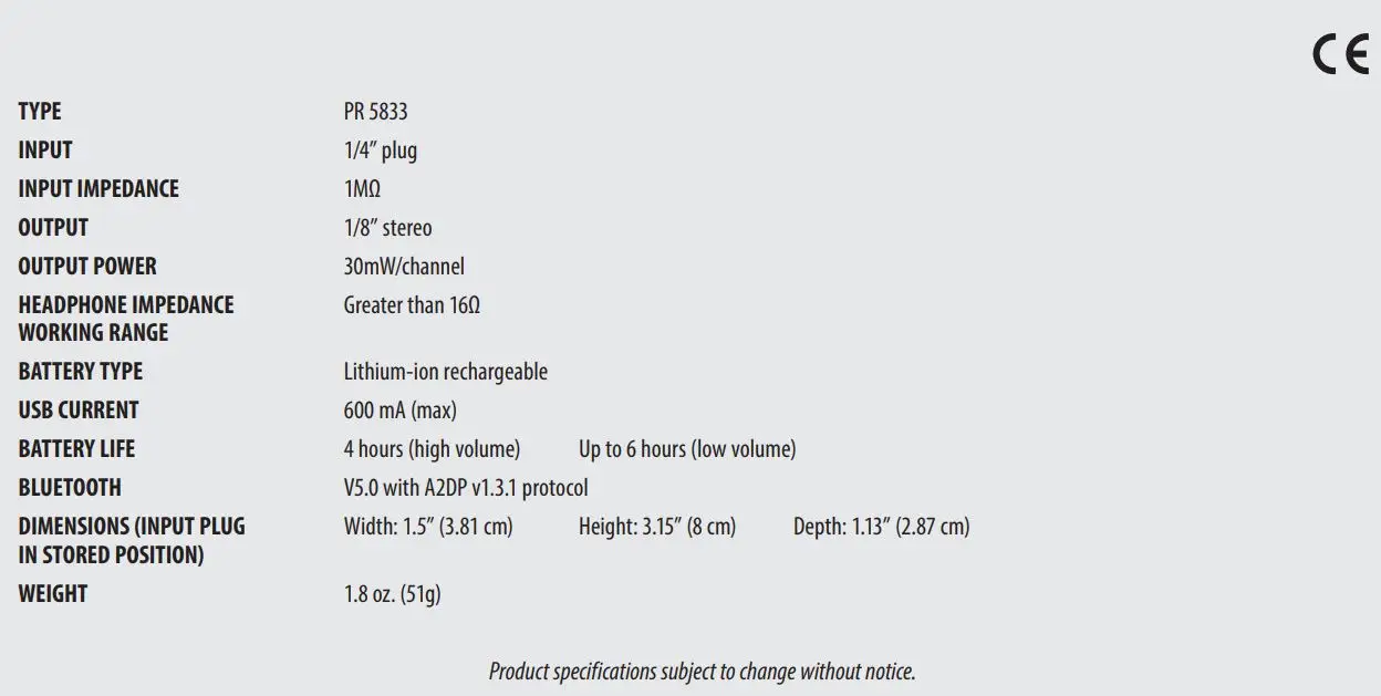 Fender MUSTANG Micro Owner’s Manual - SPECIFICATIONS