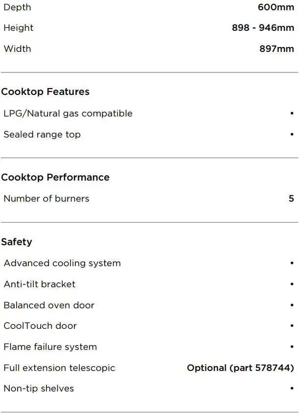 FISHER PAYKEL OR90SCG1X1 Freestanding Cooker Dual Fuel 90cm 5 Burners User Guide - SPECIFICATIONS
