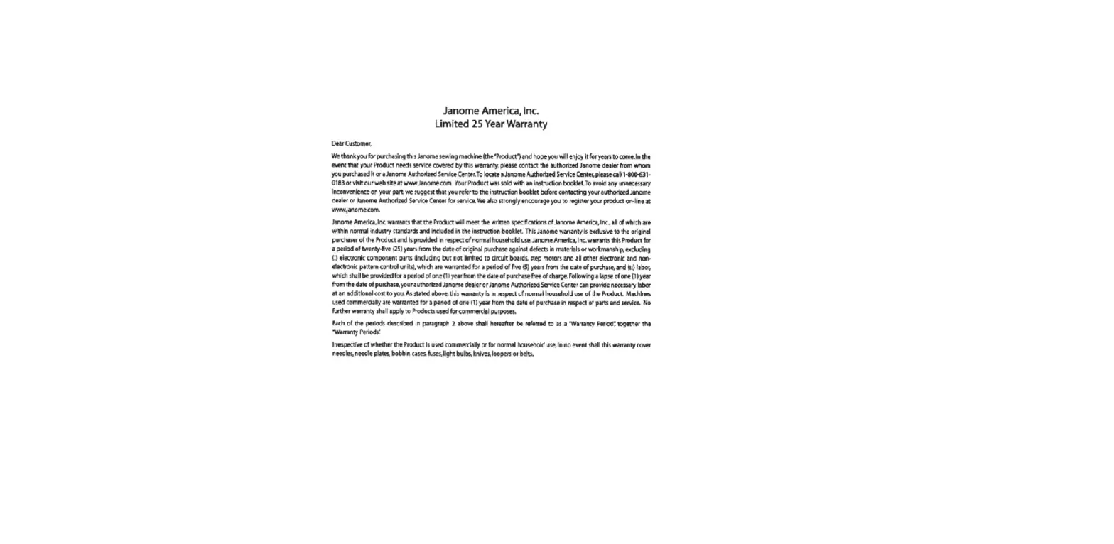 Janome America Limited 25 Year Warranty Janome America Limited 25 Year Warranty