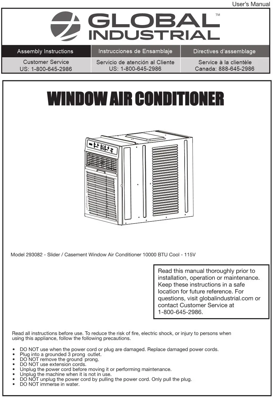 GLOBAL Window Air Conditioner 293082 User Manual