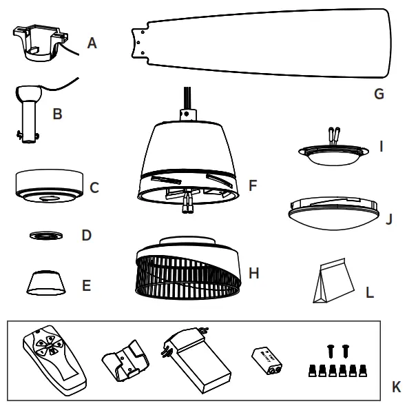KICHLER 300319 52 Inch Dawn LED Ceiling Fan - PACKAGE CONTENTS