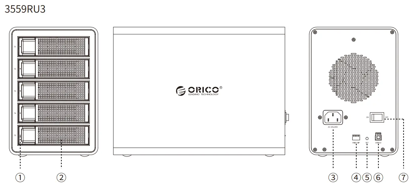 ORICO 35RU3 Series 2 5 and 3 5 Inch External Hard Drive RAID Enclosure - Product Illustration 1