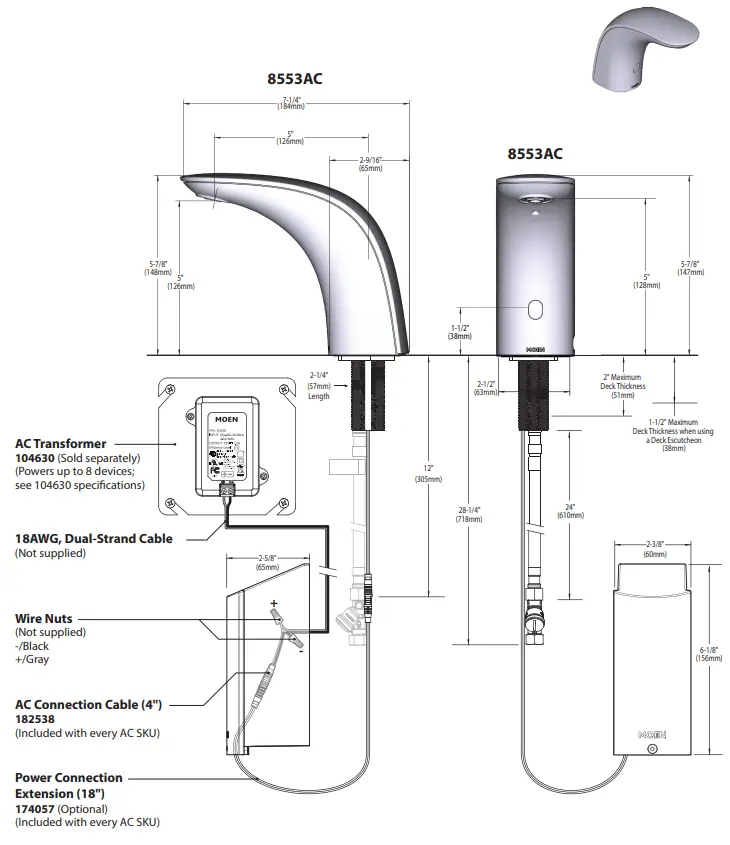 MOEN 8553 Series M Power Electronic Faucet Above Deck Transitional Style - CRITICAL DIMENSION32