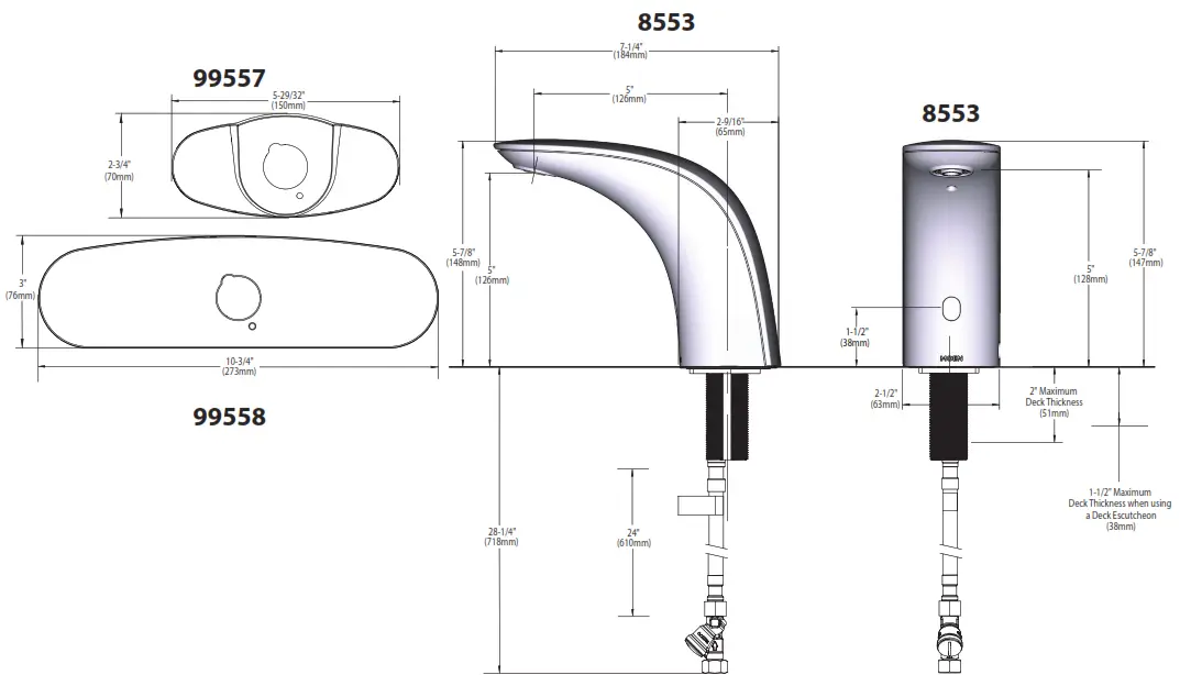 MOEN 8553 Series M Power Electronic Faucet Above Deck Transitional Style - CRITICAL DIMENSIONS