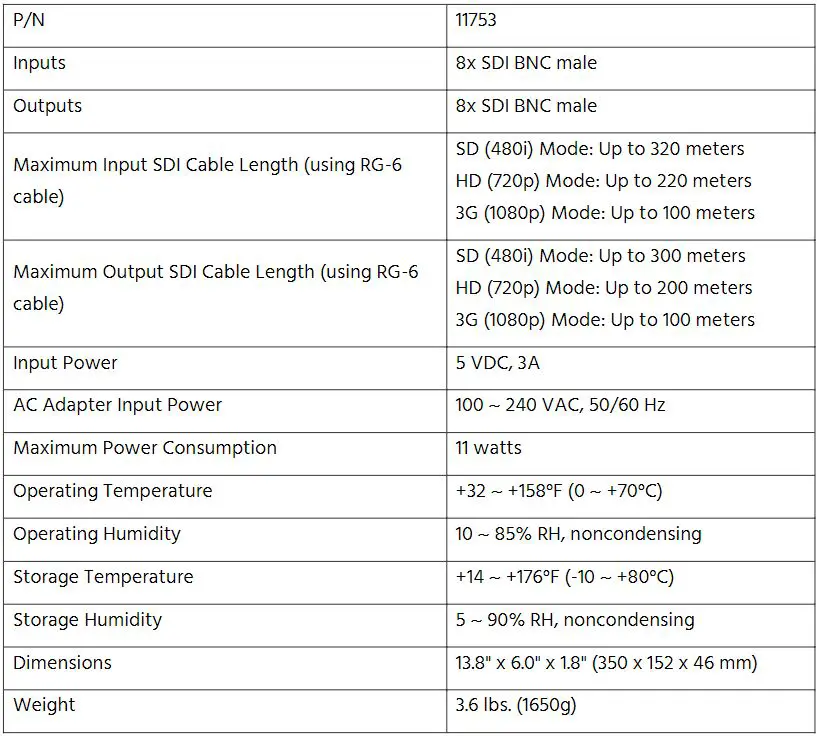 MONOPRICE 3G SDI 8x8 Matrix User Manual - SPECIFICATIONS
