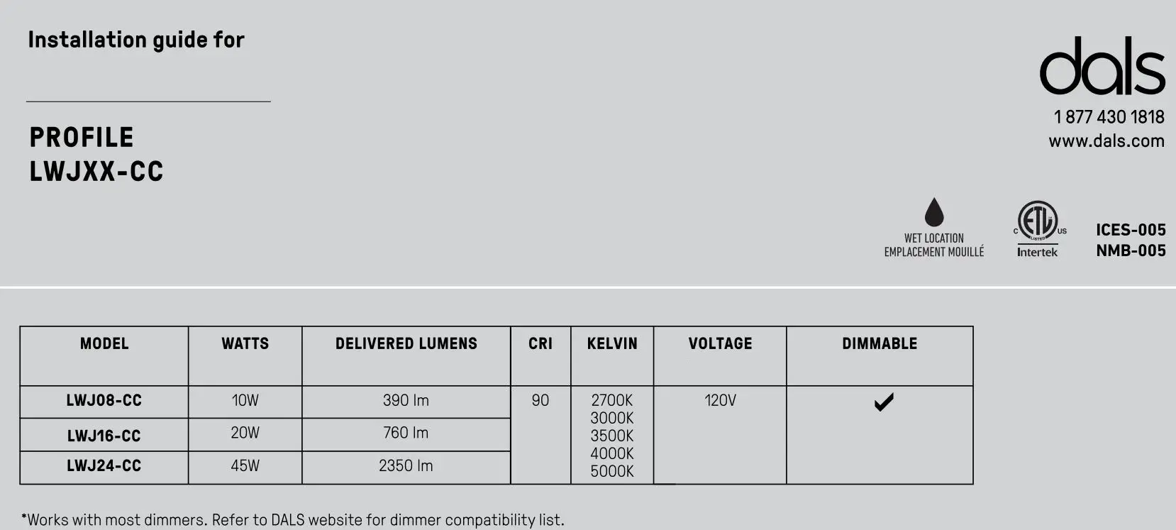 dals LWJ08-CC LED Vertical Wall Sconce Installation Guide