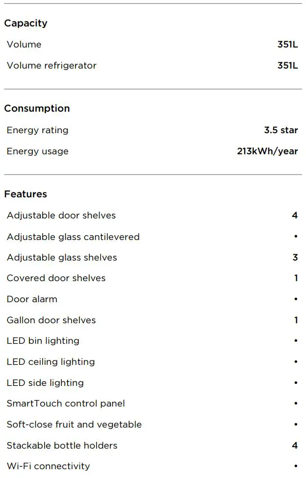 FISHER PAYKEL RS6121SLHK1 Integrated Column Refrigerator, 61cm, Water User Guide - SPECIFICATIONS