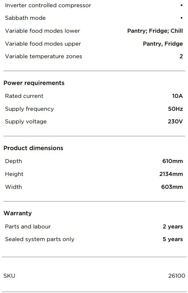 FISHER PAYKEL RS6121SLHK1 Integrated Column Refrigerator, 61cm, Water User Guide - SPECIFICATIONS