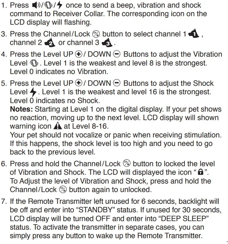 Electronic Fencing P19 Dog Training Anti Barking Collar User Manual - How to Remote Transmitter buttons work