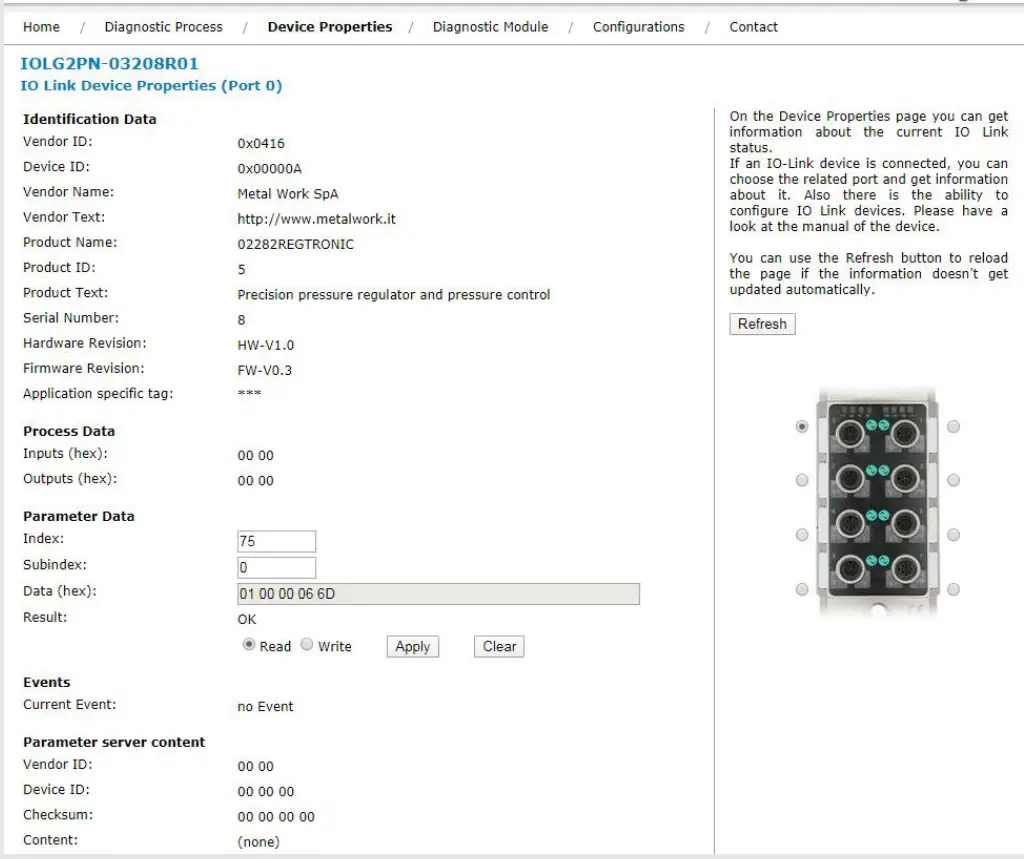 METAL WORK PNEUMATIC REGTRONIC IO Link Single Stage Pressure Regulator - unit parameters