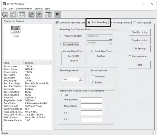 Settings for recording
