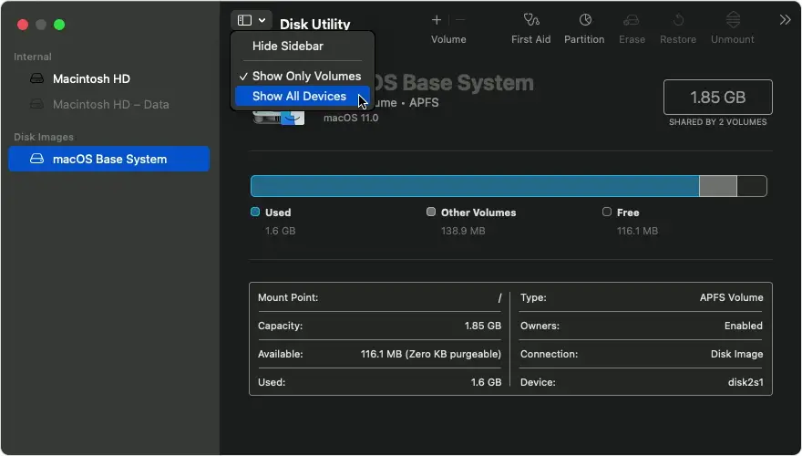 Disk Utility: Show All Devices