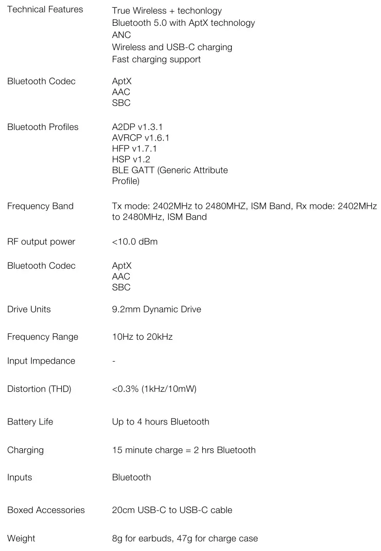 Bowers Wilkins PI5 Earbuds - Specifications