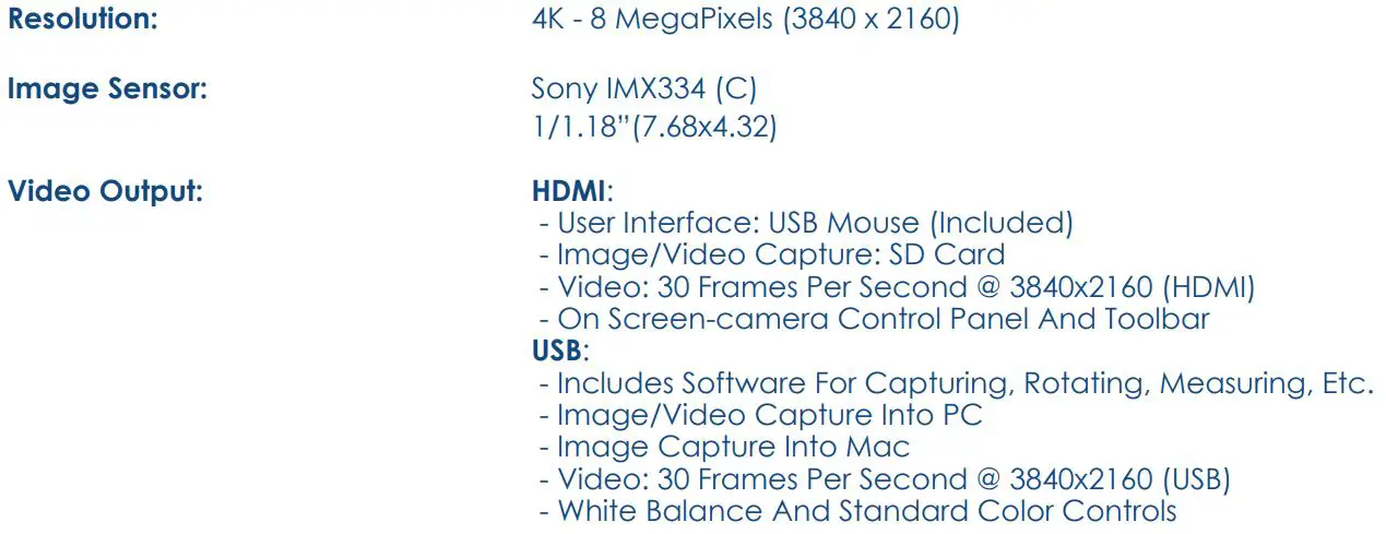 JorVet MKT-7.5.3-L-304.001 BioVID 4K Ultra HD Camera Instruction Manual - Specifications