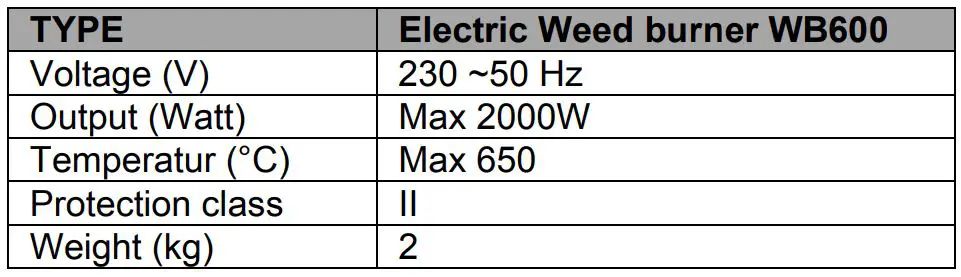 Texas WB600 Weed burner User Manual - Specifications