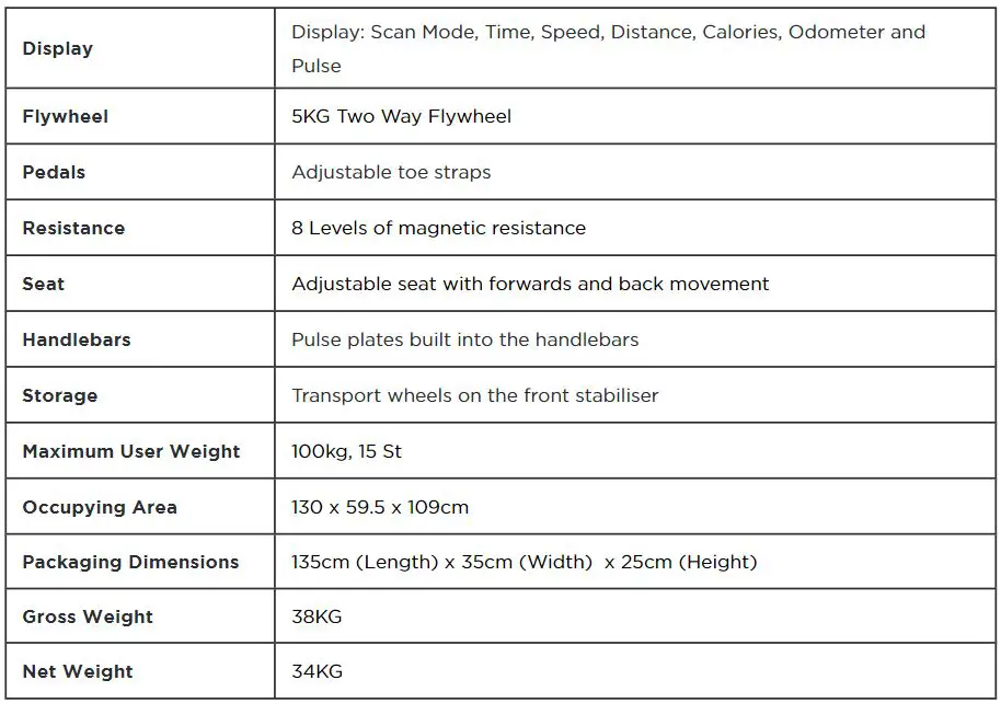 JLL RE200 Recumbent Bike Instruction Manual - SPECIFICATIONS