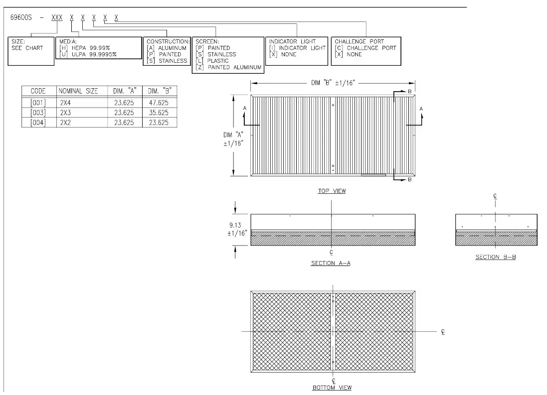 Titus FFD Fan Filter Unit - Filter Drawing
