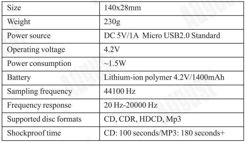 August SE 10 Portable CD and MP3 Player User Manual - Specification