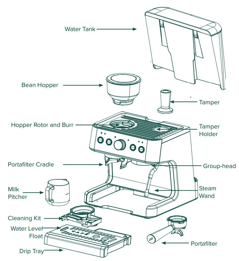 CAFE C7CESAS2RS3 BELLISSIMO Semi Automatic Espresso Machine +Frother Owner's Manual - Components