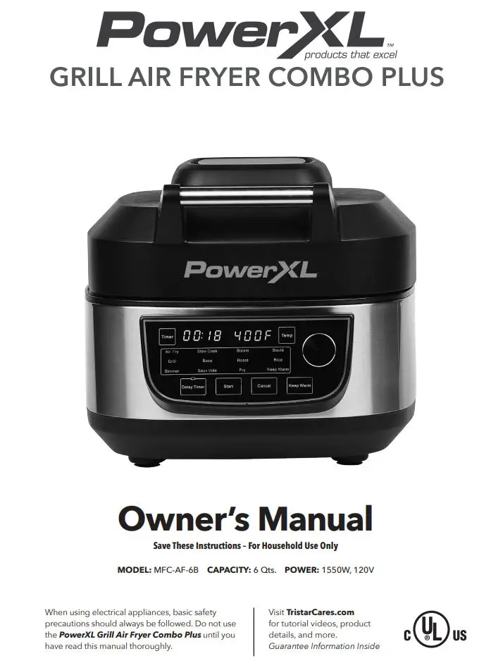 PowerXL Grill Air Fryer Combo Plus Owner’s Manual