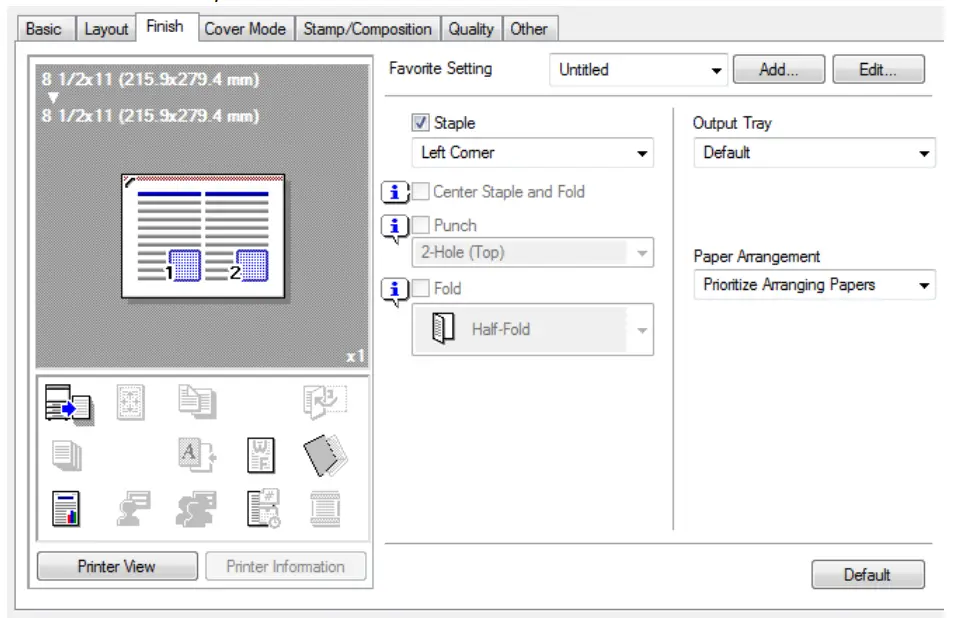 LOFFLER Konica Minolta PC Print Driver Settings - Finish Tab