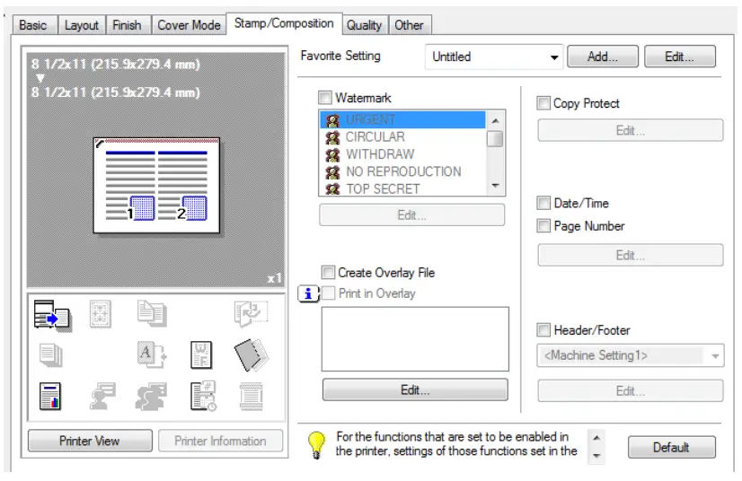 LOFFLER Konica Minolta PC Print Driver Settings - tampComposition Tab
