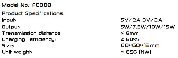 Oxx Magnetic Wireless Charger FC008 - Specifications