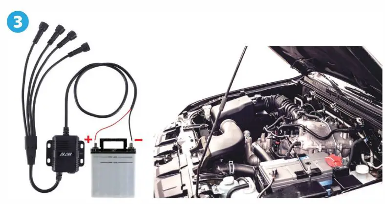 Brooklink Electronics Rock Lights and Driver User Manual - Open the car hood, find the positive and negative poles of the battery