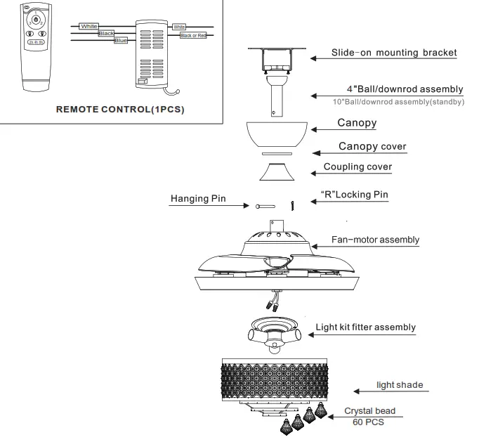 ParrotUncle F3508A110V Indoor Chrome Retractable Crystal Chandelier Ceiling Fan - Fig