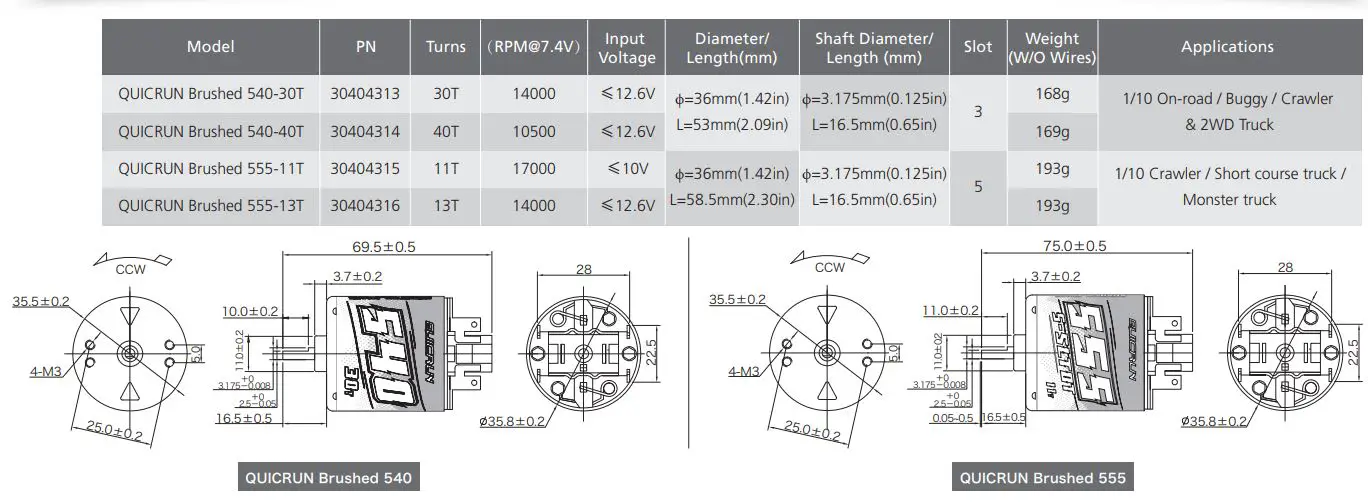 HOBBYWING 20220922 Quicrun Brushed Motor User Manual - Specifications