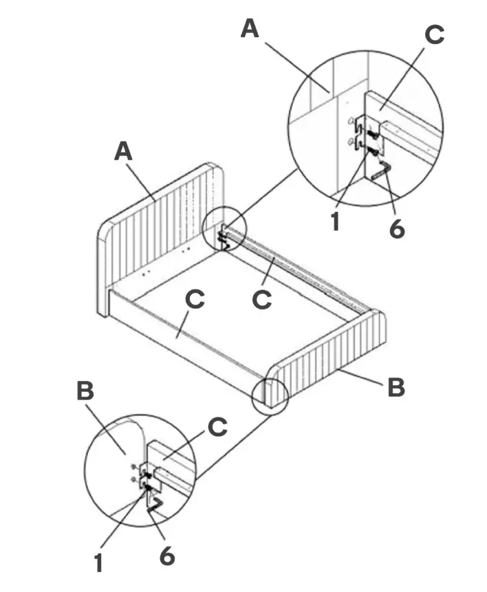 SHANGRI-LA SLVICFABOKA Victoria Bed - Step 1 Align the two holes of the bracket on the side rail (C)