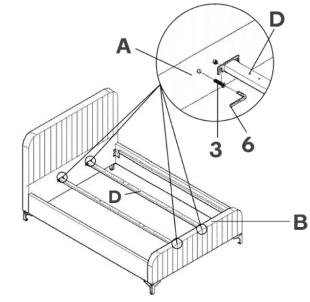 SHANGRI-LA SLVICFABOKA Victoria Bed - Step 3 Insert the long slats (D) into the headboard (A) and footboard (B)
