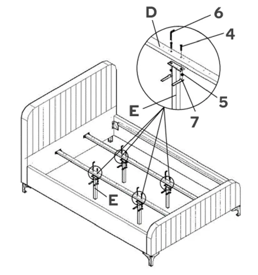 SHANGRI-LA SLVICFABOKA Victoria Bed - Step 4 Align the holes on the bottom supports (E) under the holes marked