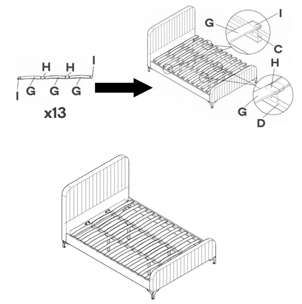 SHANGRI-LA SLVICFABOKA Victoria Bed - Step 5 Connect three short slats (G) using the single and double-sided caps (I,H) as shown