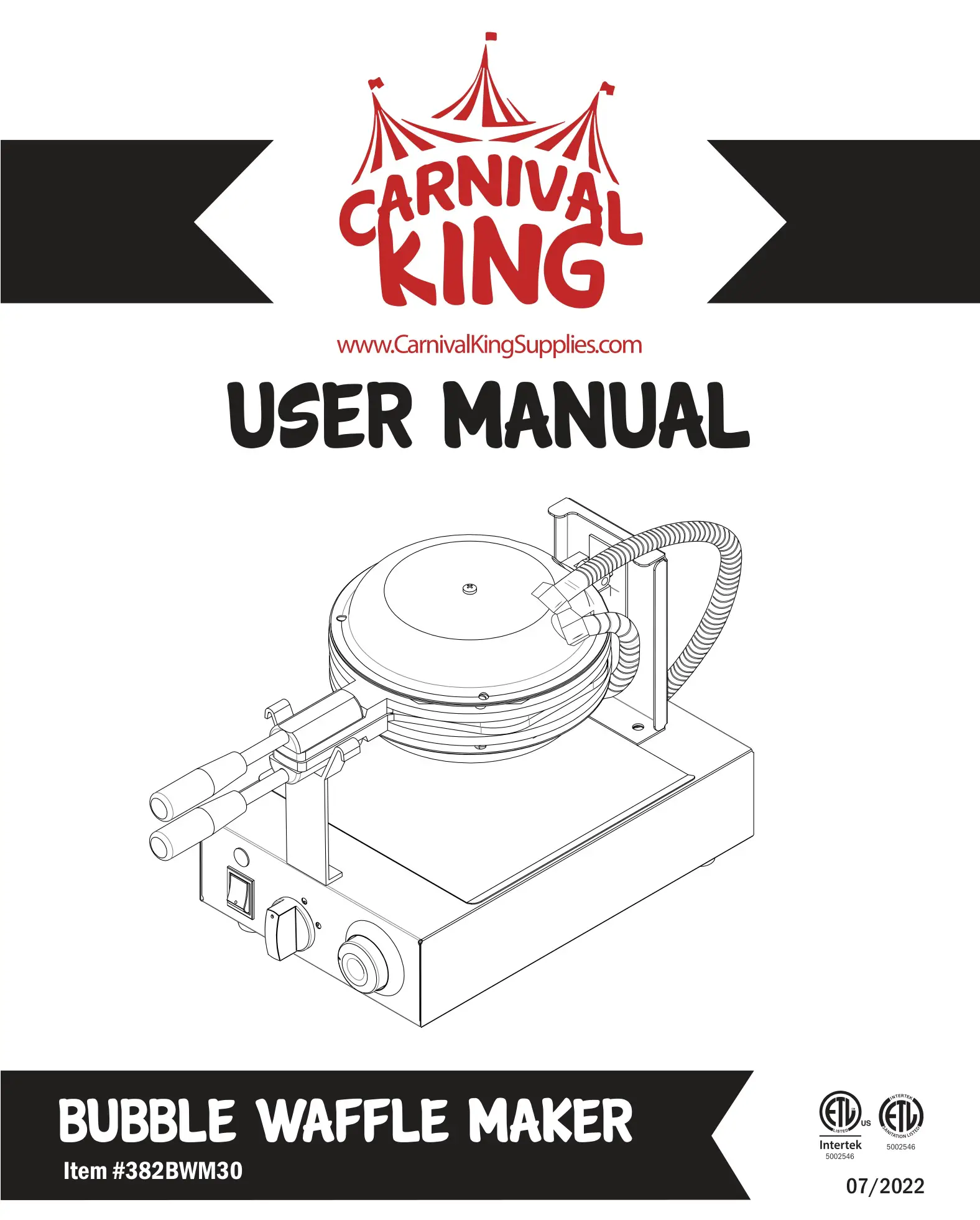 CARNIVAL KING 382BWM30 Bubble Waffle Maker User Manual