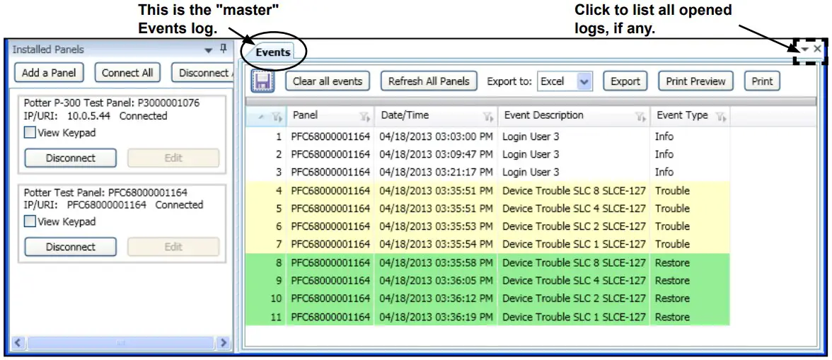 Events & Installed Panels Window