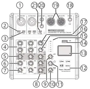 PRONOMIC B-403 Mini Mixer with Bluetooth and USB Recording - Front panel