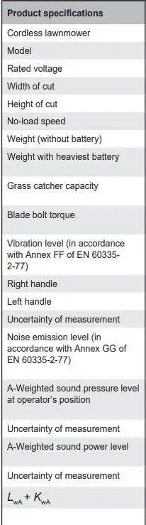 RYOBI RLM36X46HPG Battery Lawn Mower Instruction Manual - Product specifications