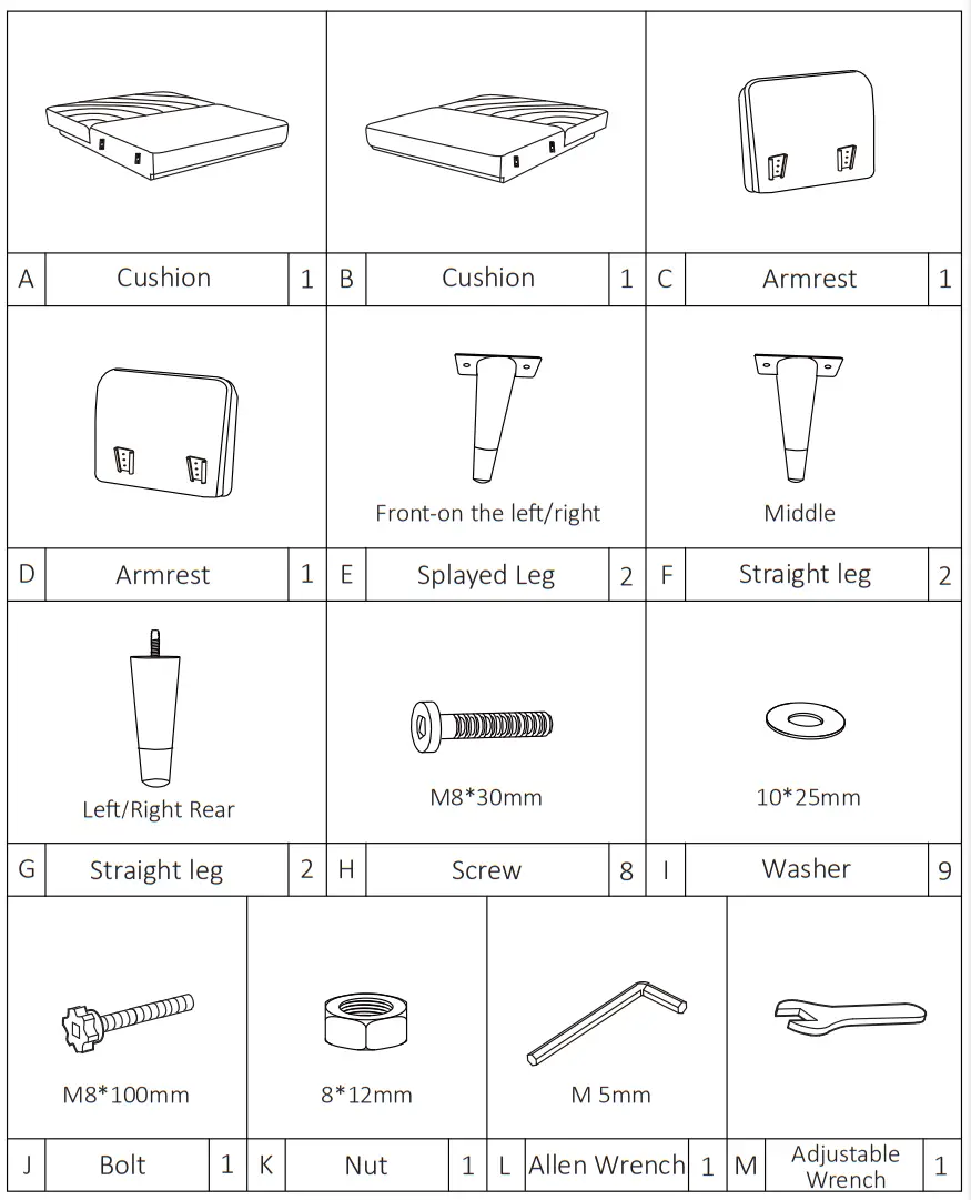 POVISON SF010ADG 76 Inch Pink Cotton Velvet Sofa Bed 2 Seater - Parts List