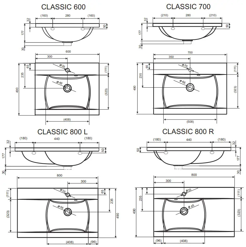 RAVAK UMYVADLO Classic 600 700 800 L R