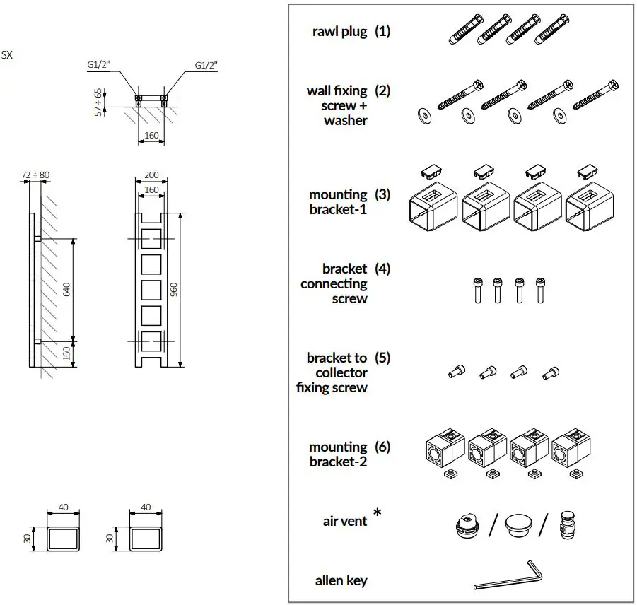 TERMA 638BTU Easy Designer Towel Rail 960 x 200mm Sparkling Gravel Installation Guide - Fixing kit content