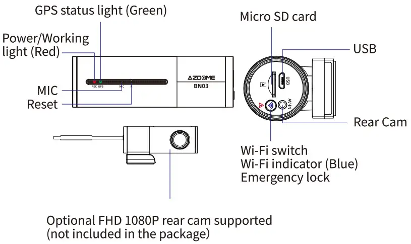 AZDOME BN03 QuadHD Wifi GPS Dashcam - diagrame