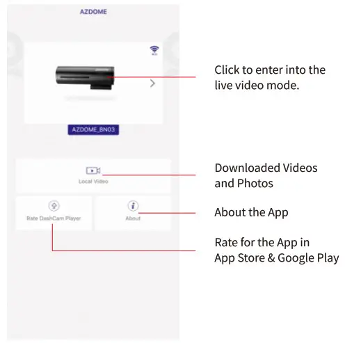 AZDOME BN03 QuadHD Wifi GPS Dashcam - main interface