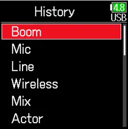 Selecting a track name from the history list