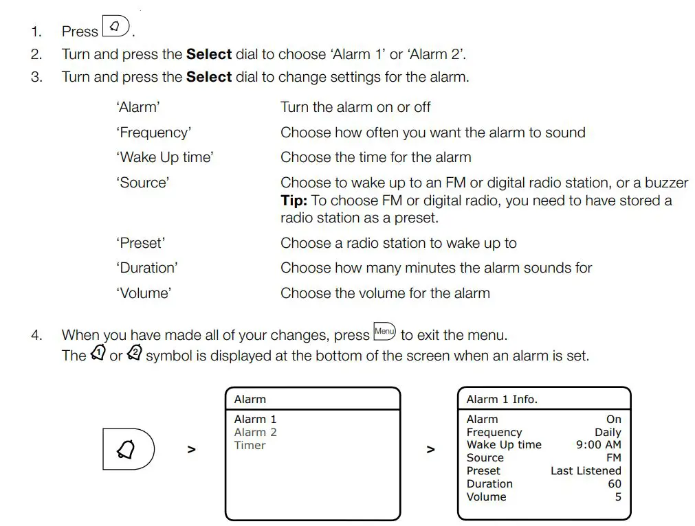 PURE Evoke H4 Portable FM Radio with Bluetooth User Manual - Setting an alarm