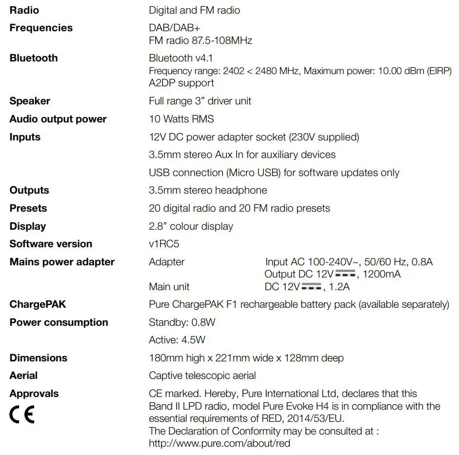 PURE Evoke H4 Portable FM Radio with Bluetooth User Manual - Specifications