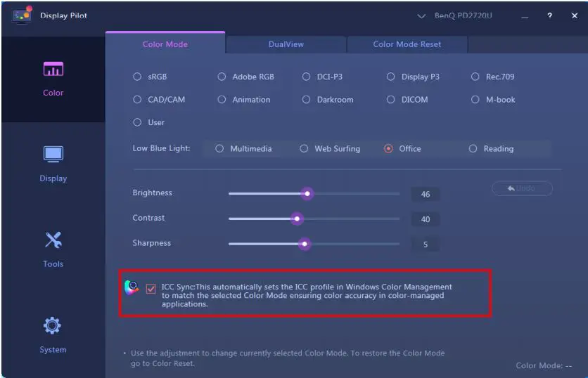 BenQ Display Pilot - Color setting synchronization