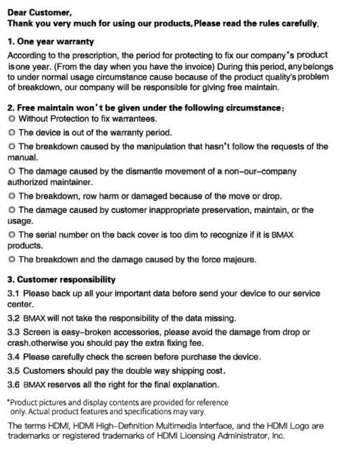 Creature Information NB01 Notebook Tablet PC Instruction Manual - Warranty Rules